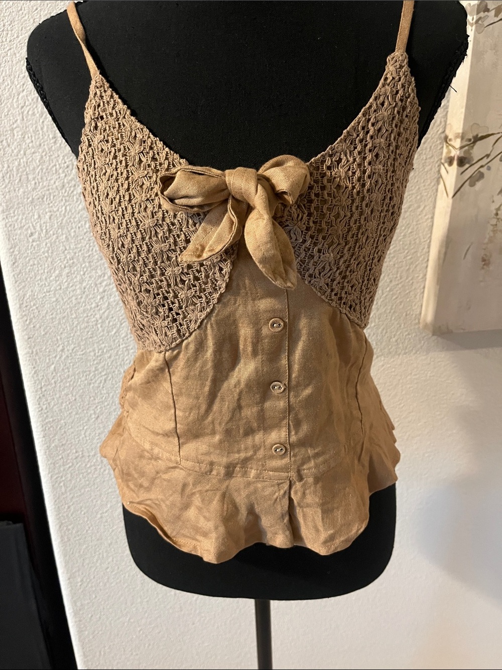Japna Tan Knit & Linen-Cotton Tie-Front Camisole